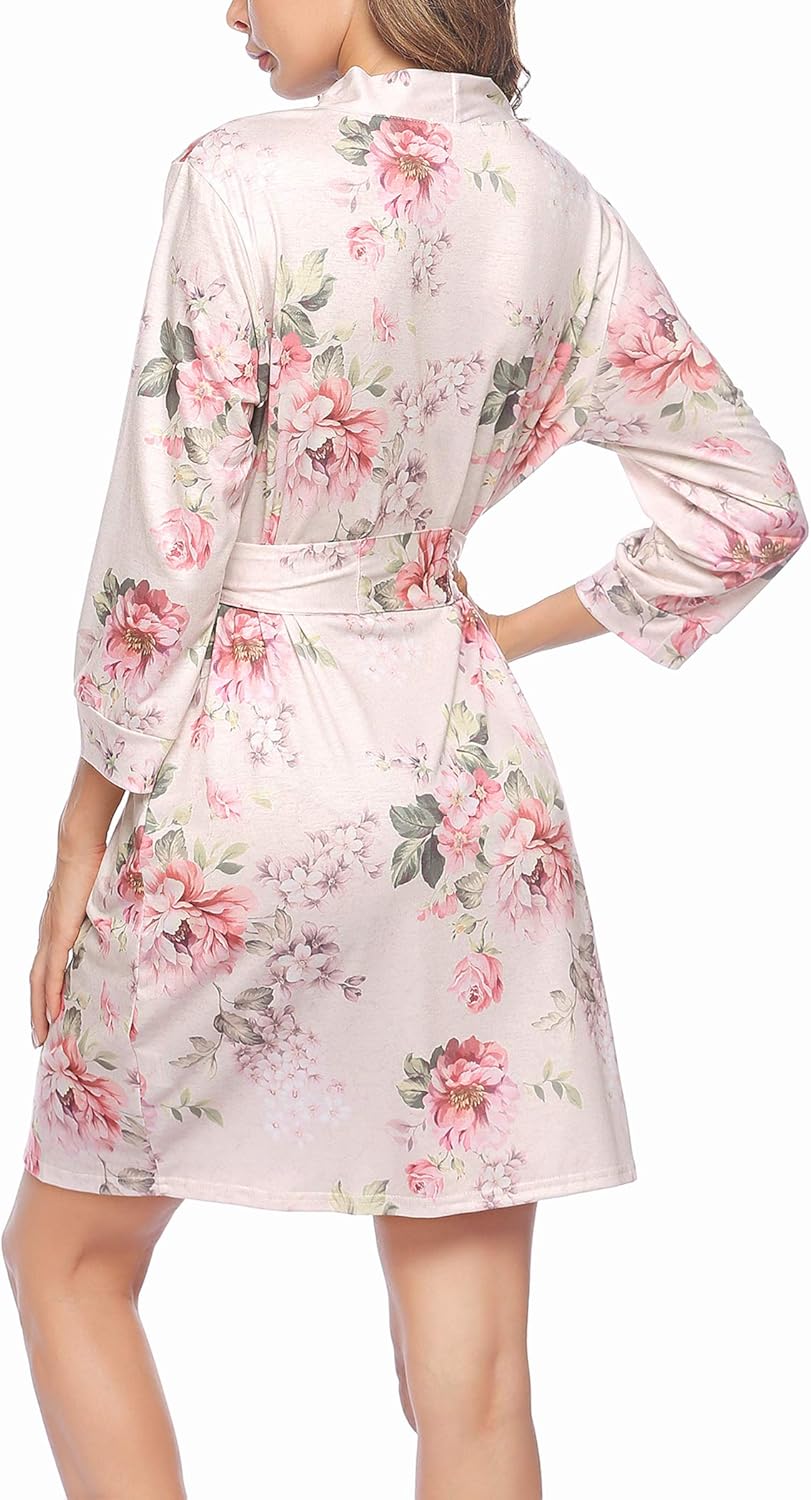HOTOUCH Womens Robe Lightweight Cotton Robes Short Knit Bathrobe Soft Ladies Sleepwear with PocketsPlight Pink Floral