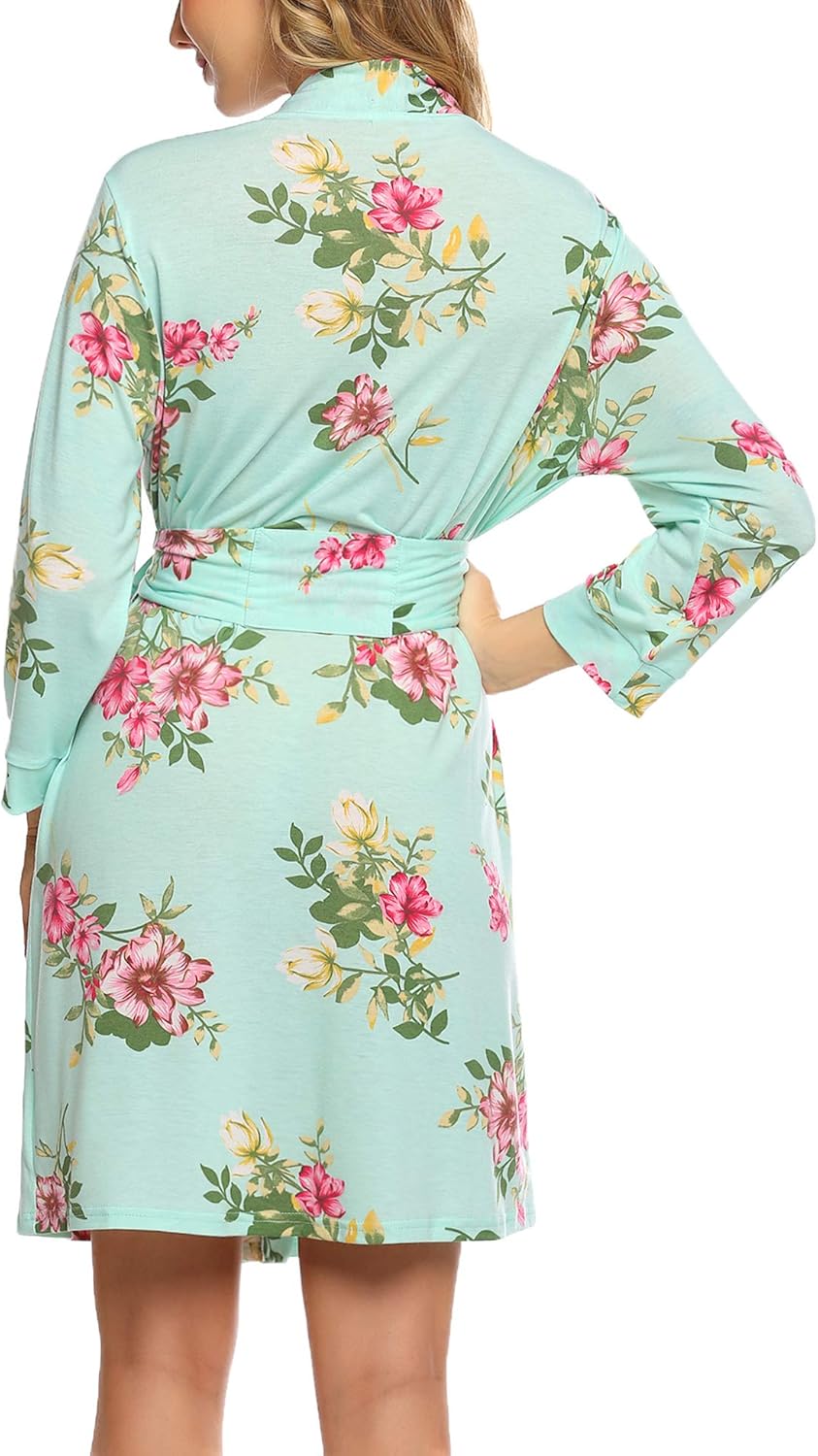 HOTOUCH Womens Robe Lightweight Cotton Robes Short Knit Bathrobe Soft Ladies Sleepwear with PocketsPmint Floral