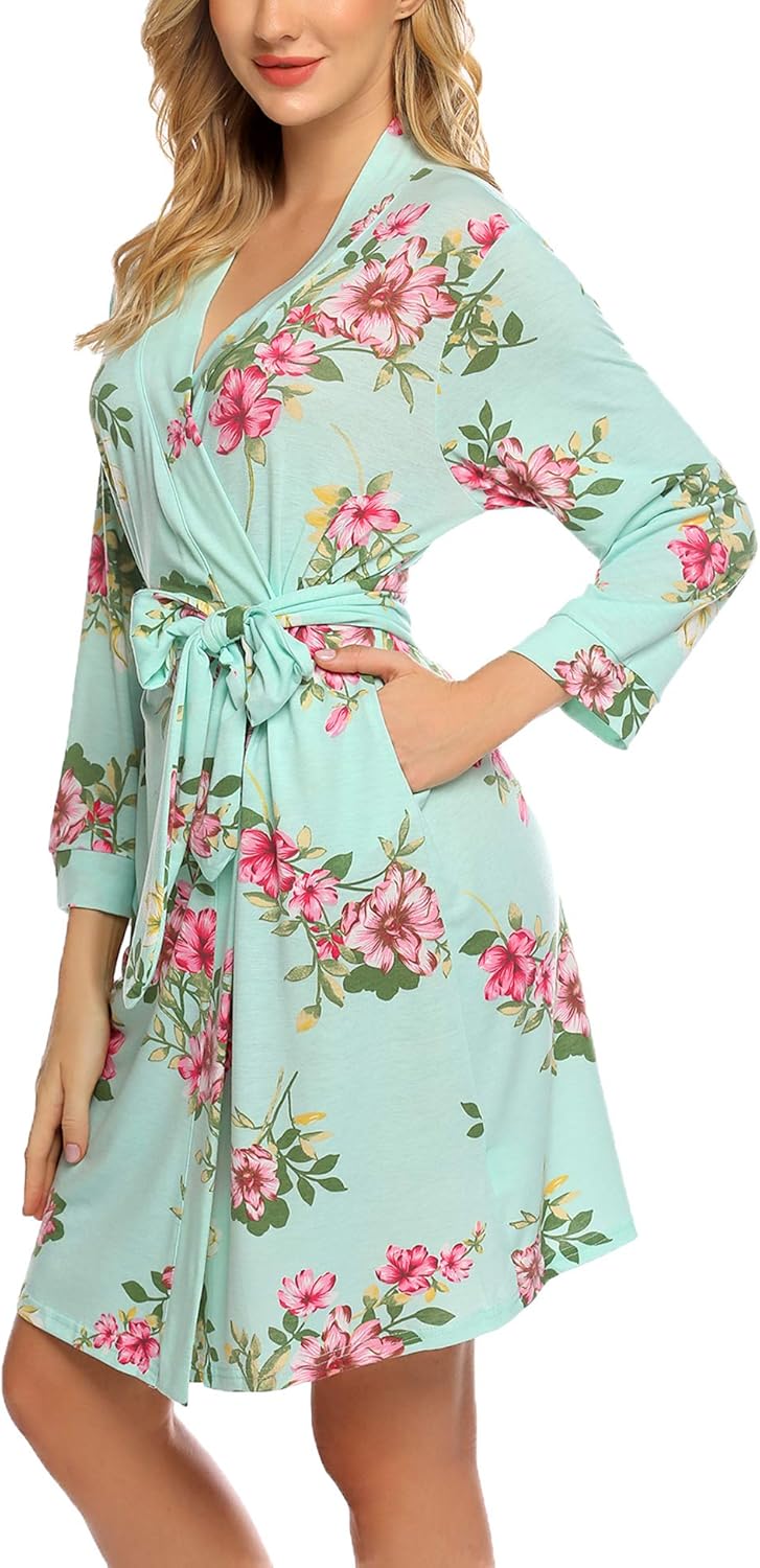 HOTOUCH Womens Robe Lightweight Cotton Robes Short Knit Bathrobe Soft Ladies Sleepwear with PocketsPmint Floral