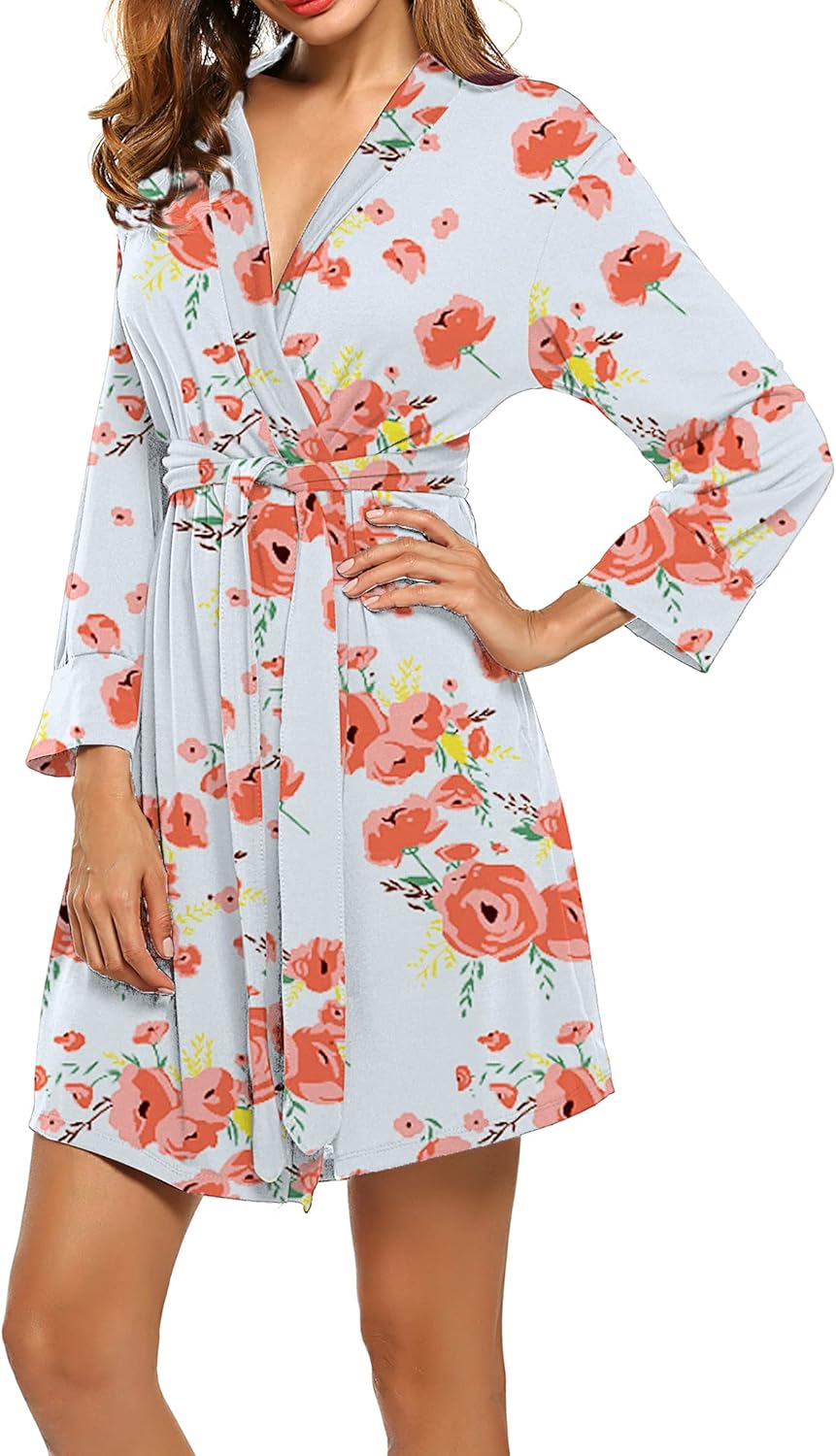 HOTOUCH Womens Robe Lightweight Cotton Robes Short Knit Bathrobe Soft Ladies Sleepwear with PocketsPoppy