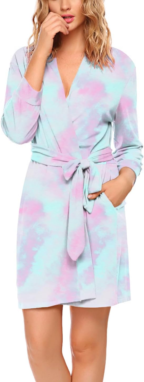 HOTOUCH Womens Robe Lightweight Cotton Robes Short Knit Bathrobe Soft Ladies Sleepwear with PocketsPpurple Tie Dye