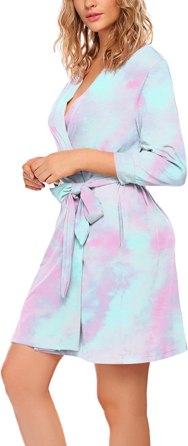 HOTOUCH Womens Robe Lightweight Cotton Robes Short Knit Bathrobe Soft Ladies Sleepwear with PocketsPpurple Tie Dye