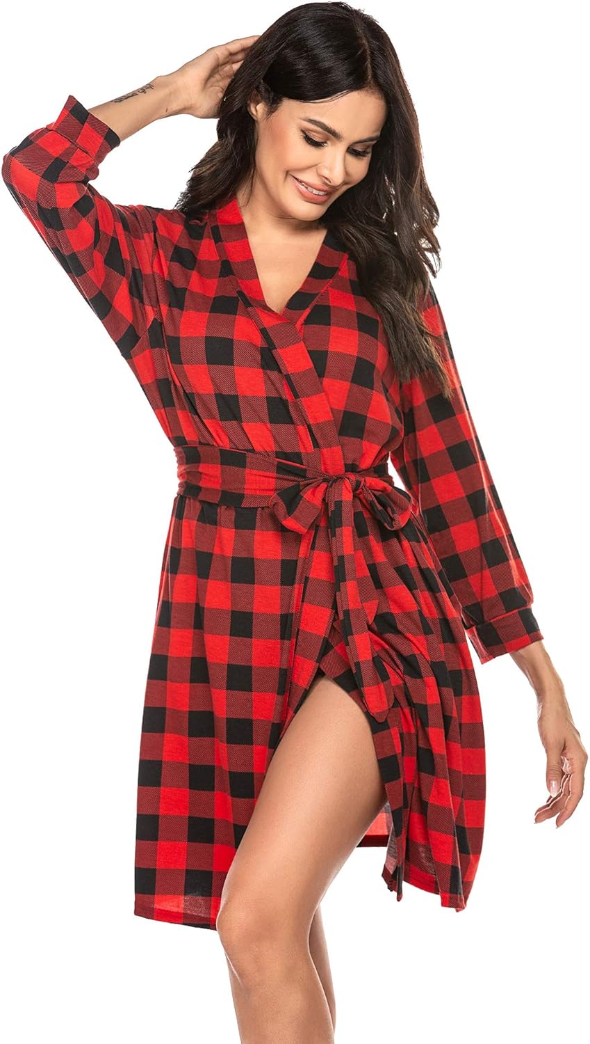 HOTOUCH Womens Robe Lightweight Cotton Robes Short Knit Bathrobe Soft Ladies Sleepwear with PocketsPred Plaid