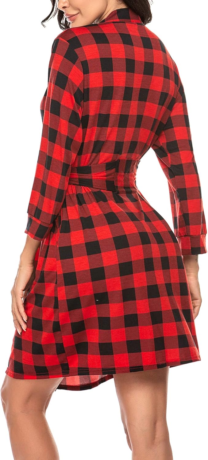 HOTOUCH Womens Robe Lightweight Cotton Robes Short Knit Bathrobe Soft Ladies Sleepwear with PocketsPred Plaid