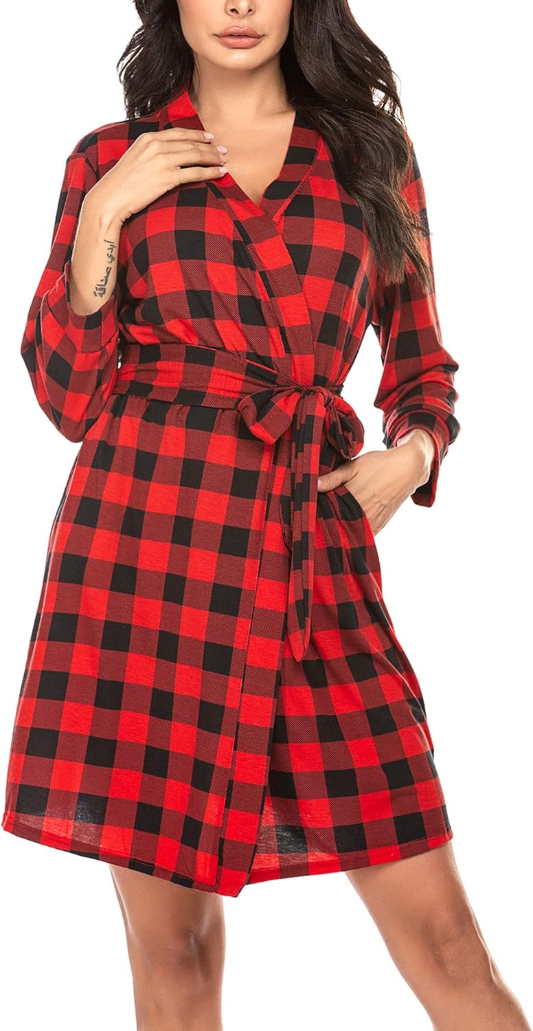 HOTOUCH Womens Robe Lightweight Cotton Robes Short Knit Bathrobe Soft Ladies Sleepwear with PocketsPred Plaid