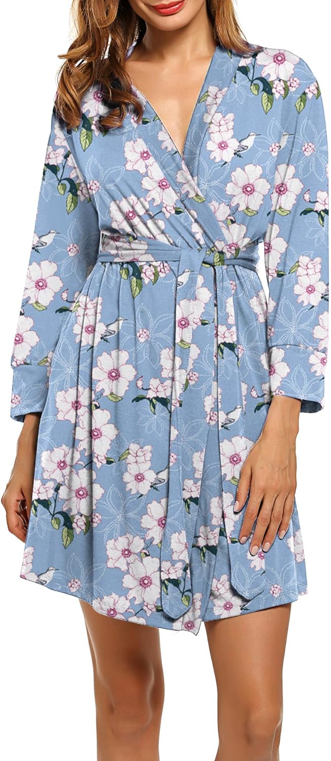 HOTOUCH Womens Robe Lightweight Cotton Robes Short Knit Bathrobe Soft Ladies Sleepwear with PocketsPrint Light Blue Flower