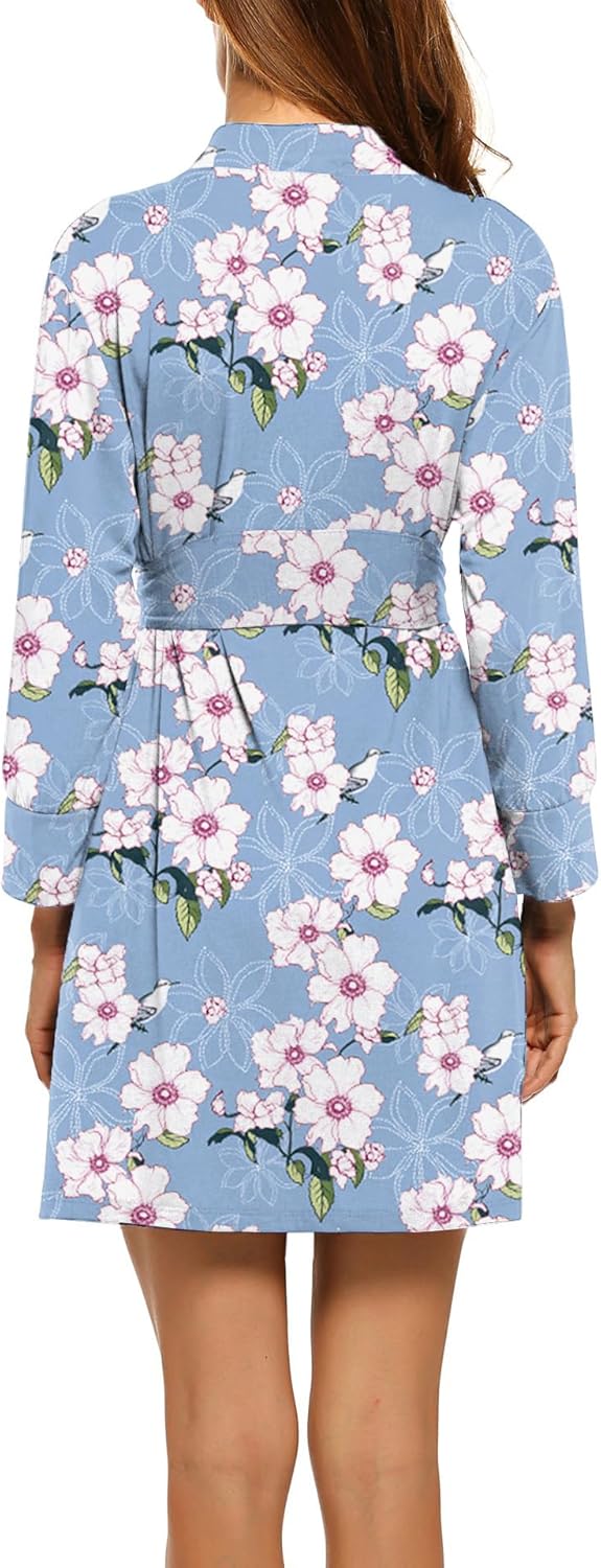 HOTOUCH Womens Robe Lightweight Cotton Robes Short Knit Bathrobe Soft Ladies Sleepwear with PocketsPrint Light Blue Flower