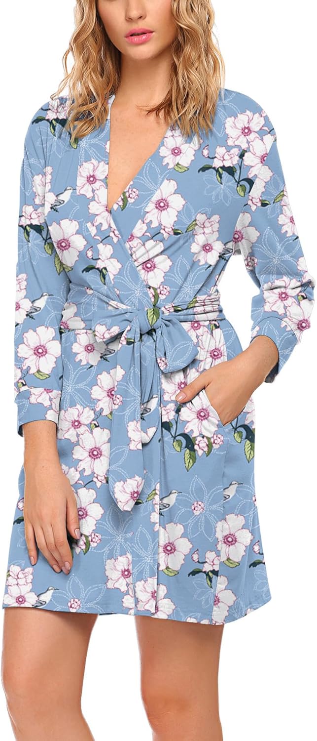 HOTOUCH Womens Robe Lightweight Cotton Robes Short Knit Bathrobe Soft Ladies Sleepwear with PocketsPrint Light Blue Flower