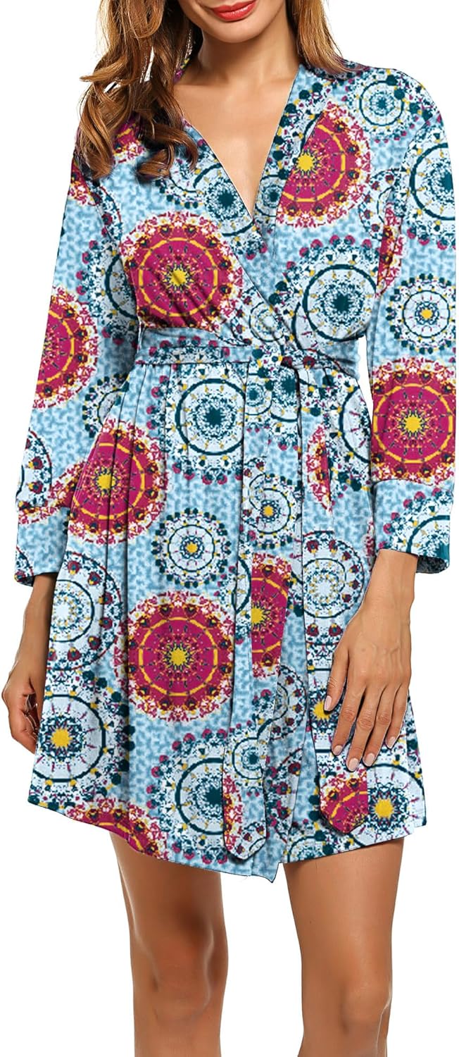 HOTOUCH Womens Robe Lightweight Cotton Robes Short Knit Bathrobe Soft Ladies Sleepwear with PocketsPrint Mandala