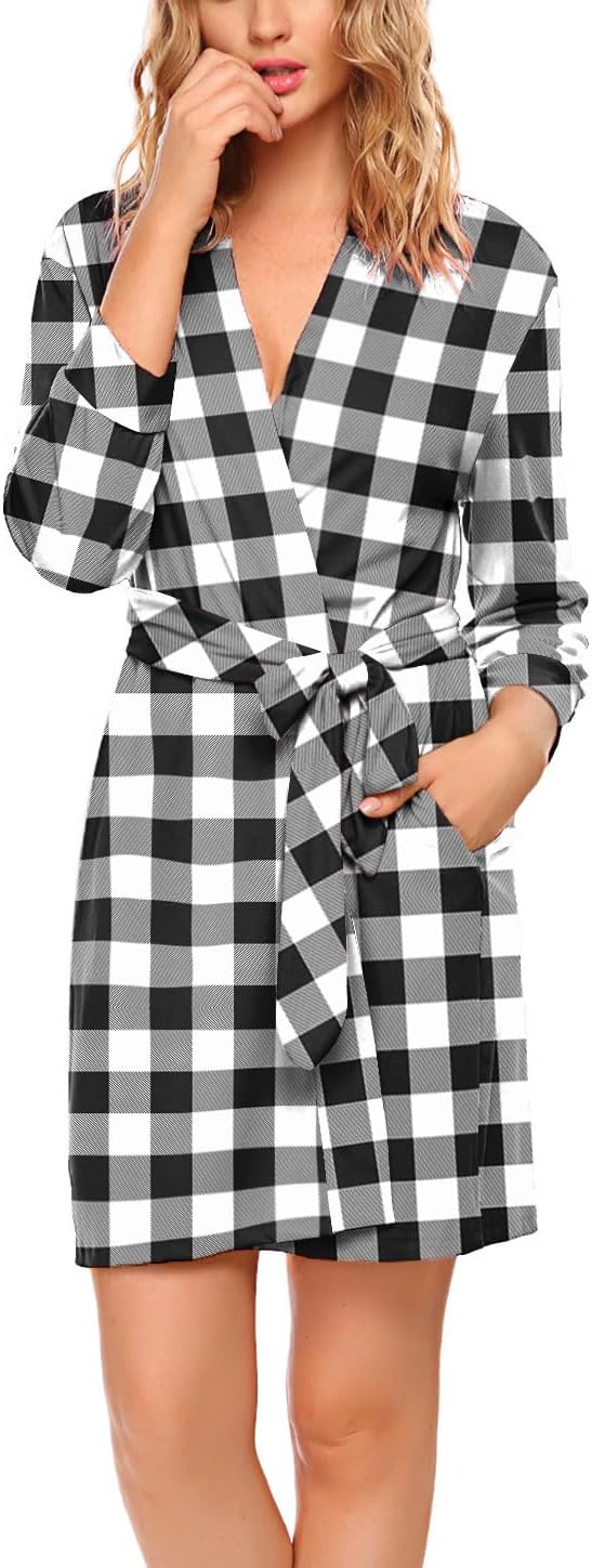 HOTOUCH Womens Robe Lightweight Cotton Robes Short Knit Bathrobe Soft Ladies Sleepwear with PocketsPwhite Plaid