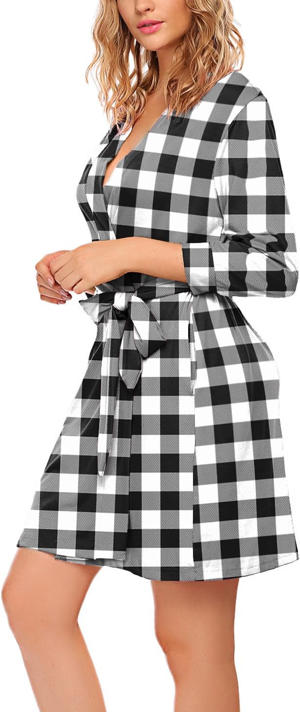 HOTOUCH Womens Robe Lightweight Cotton Robes Short Knit Bathrobe Soft Ladies Sleepwear with PocketsPwhite Plaid