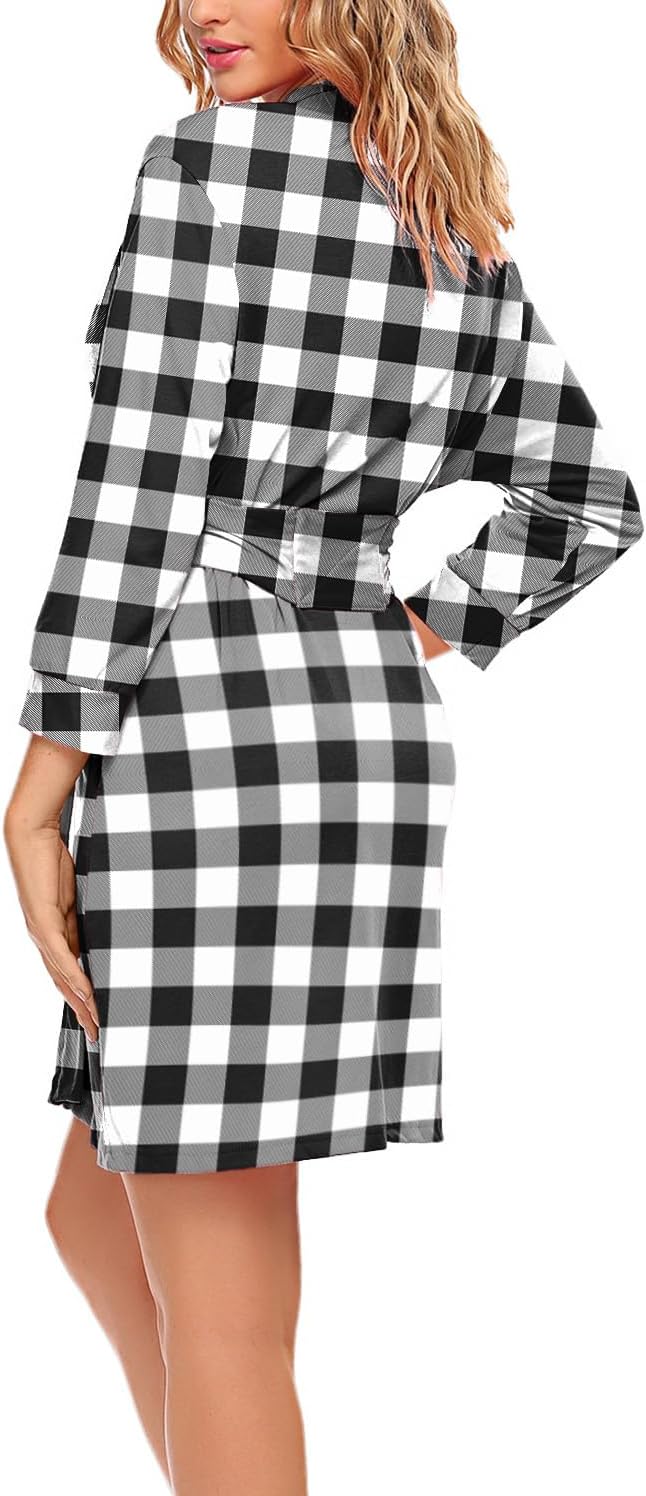 HOTOUCH Womens Robe Lightweight Cotton Robes Short Knit Bathrobe Soft Ladies Sleepwear with PocketsPwhite Plaid