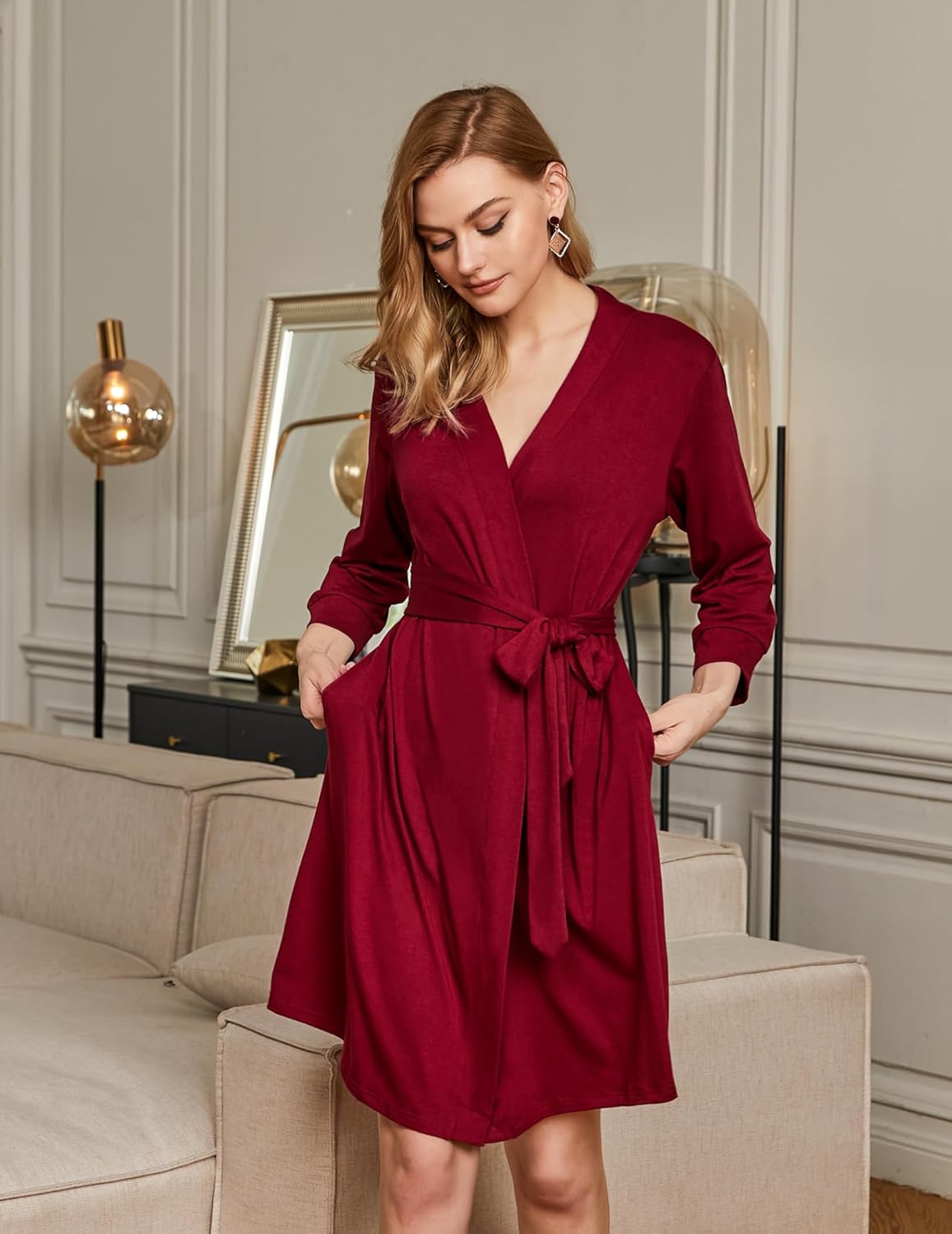 HOTOUCH Womens Robe Lightweight Cotton Robes Short Knit Bathrobe Soft Ladies Sleepwear with PocketsRed