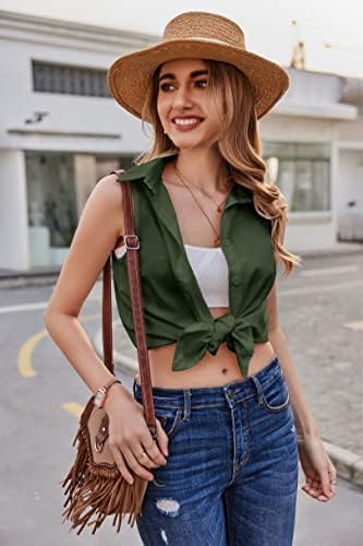 HOTOUCH Womens Sleeveless Button Down Shirt Collared Cotton Linen Blouse Casual Office Shirts Basic Tank TopArmy Green