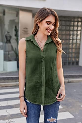 HOTOUCH Womens Sleeveless Button Down Shirt Collared Cotton Linen Blouse Casual Office Shirts Basic Tank TopArmy Green