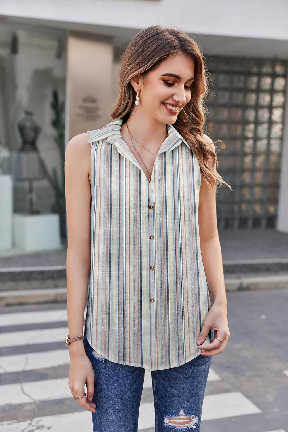 HOTOUCH Womens Sleeveless Button Down Shirt Collared Cotton Linen Blouse Casual Office Shirts Basic Tank TopBlue Striped