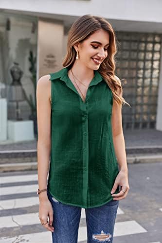 HOTOUCH Womens Sleeveless Button Down Shirt Collared Cotton Linen Blouse Casual Office Shirts Basic Tank TopDark Green
