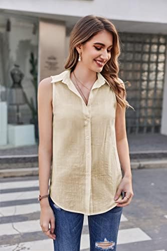 HOTOUCH Womens Sleeveless Button Down Shirt Collared Cotton Linen Blouse Casual Office Shirts Basic Tank TopKhaki