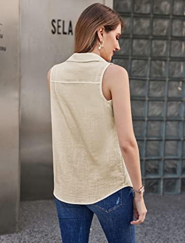 HOTOUCH Womens Sleeveless Button Down Shirt Collared Cotton Linen Blouse Casual Office Shirts Basic Tank TopKhaki