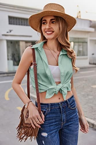 HOTOUCH Womens Sleeveless Button Down Shirt Collared Cotton Linen Blouse Casual Office Shirts Basic Tank TopLight Green