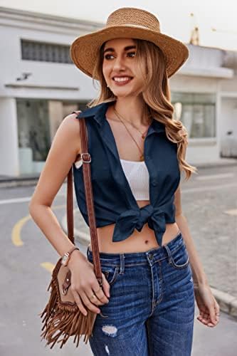 HOTOUCH Womens Sleeveless Button Down Shirt Collared Cotton Linen Blouse Casual Office Shirts Basic Tank TopNavy Blue