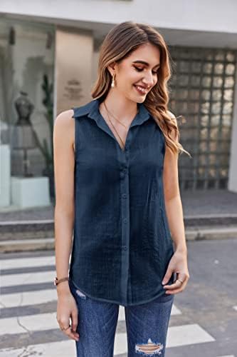 HOTOUCH Womens Sleeveless Button Down Shirt Collared Cotton Linen Blouse Casual Office Shirts Basic Tank TopNavy Blue