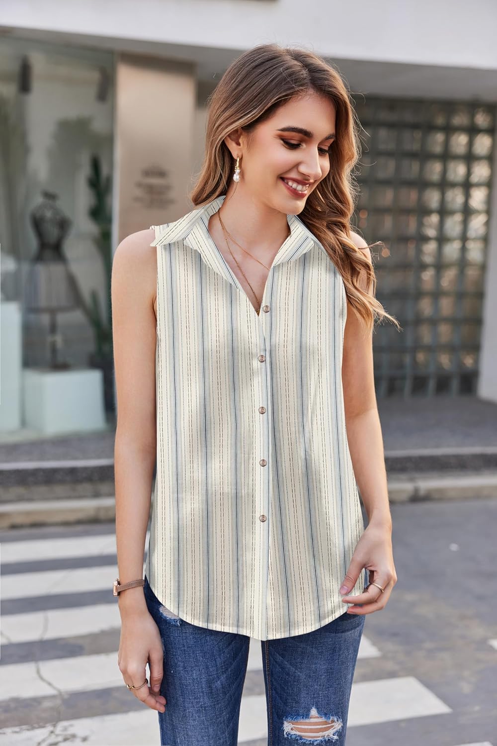 HOTOUCH Womens Sleeveless Button Down Shirt Collared Cotton Linen Blouse Casual Office Shirts Basic Tank TopStripe Blue