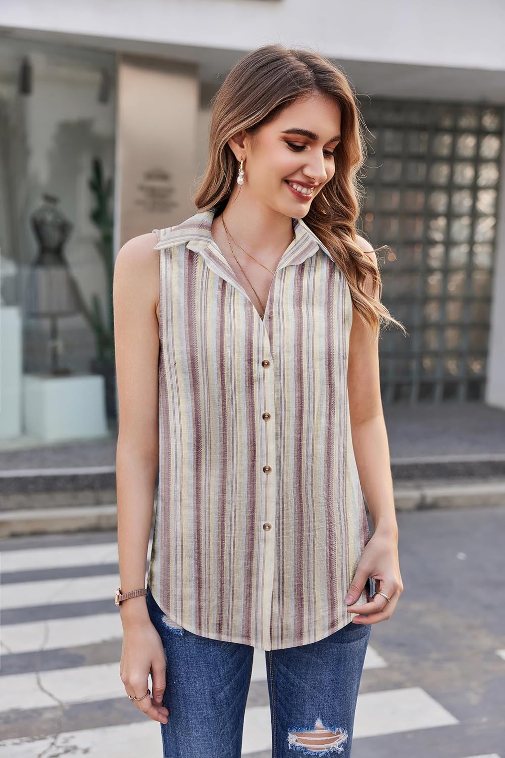 HOTOUCH Womens Sleeveless Button Down Shirt Collared Cotton Linen Blouse Casual Office Shirts Basic Tank TopStripe Red