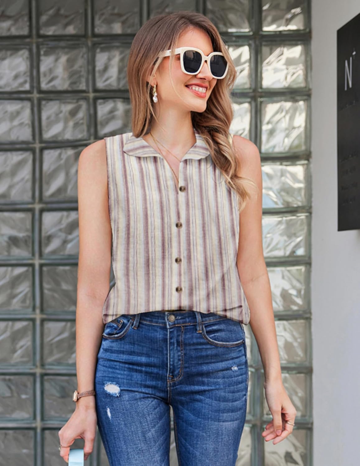 HOTOUCH Womens Sleeveless Button Down Shirt Collared Cotton Linen Blouse Casual Office Shirts Basic Tank TopStripe Red