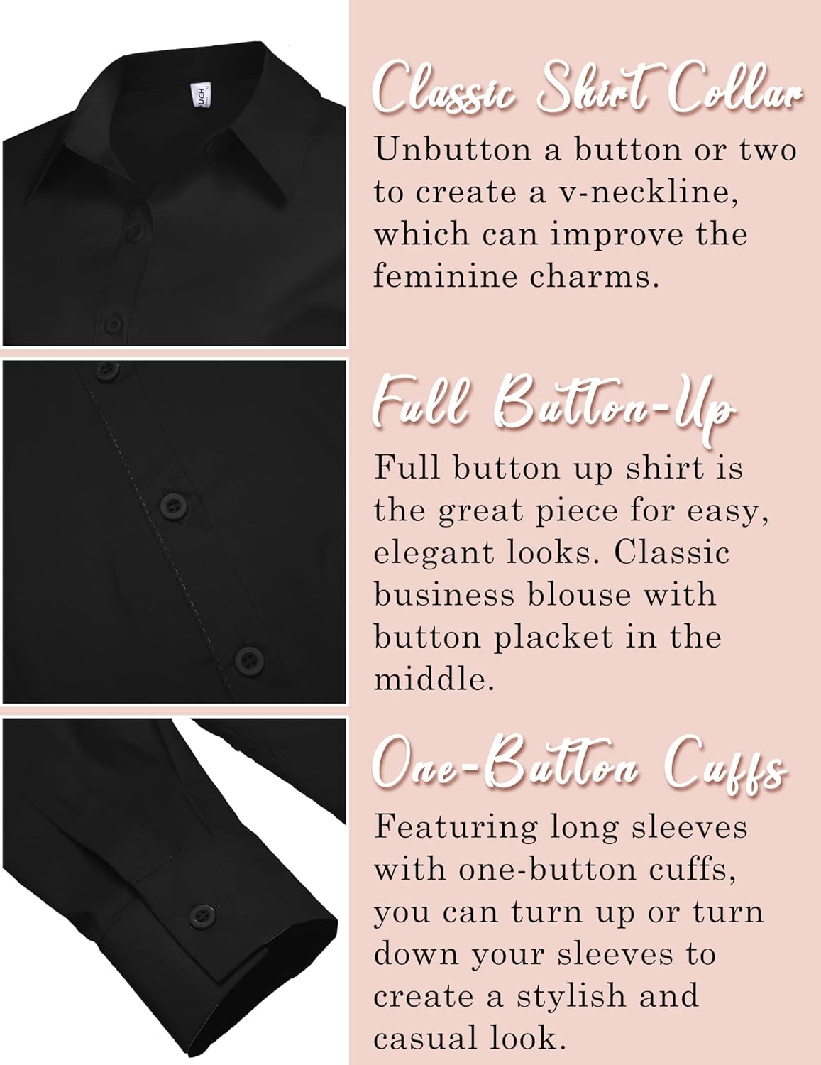 HOTOUCH Womens Stretch Basic Button Down Shirt Long Sleeve Slim Fit Dress Shirts Solid Work Office Blouses TopA  Black Stretch Fabric  a Size Up for Relaxed Fit
