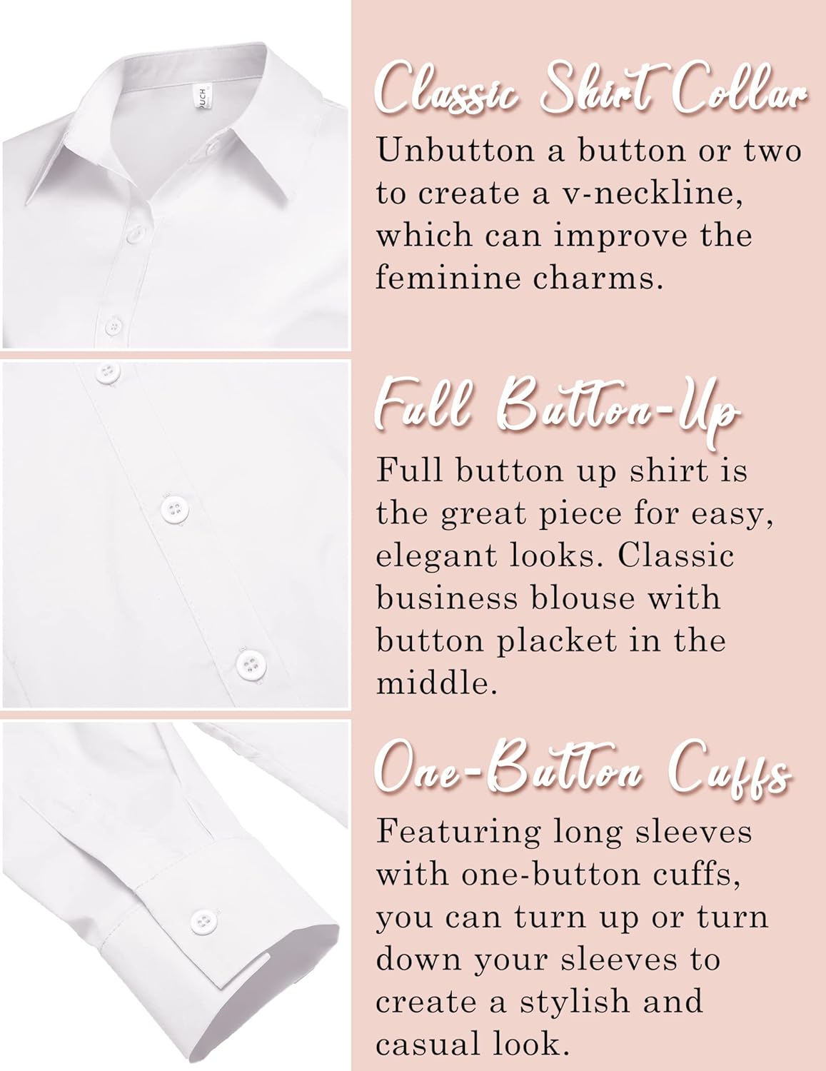 HOTOUCH Womens Stretch Basic Button Down Shirt Long Sleeve Slim Fit Dress Shirts Solid Work Office Blouses TopA  White Stretch Fabric  a Size Up for Relaxed Fit