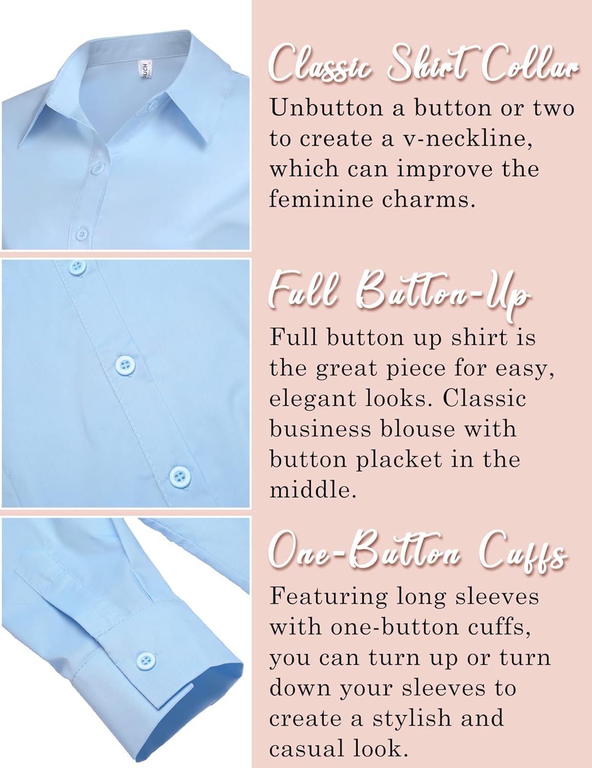 HOTOUCH Womens Stretch Basic Button Down Shirt Long Sleeve Slim Fit Dress Shirts Solid Work Office Blouses TopBlue Stretch Fabric  a Size Up for Relaxed Fit