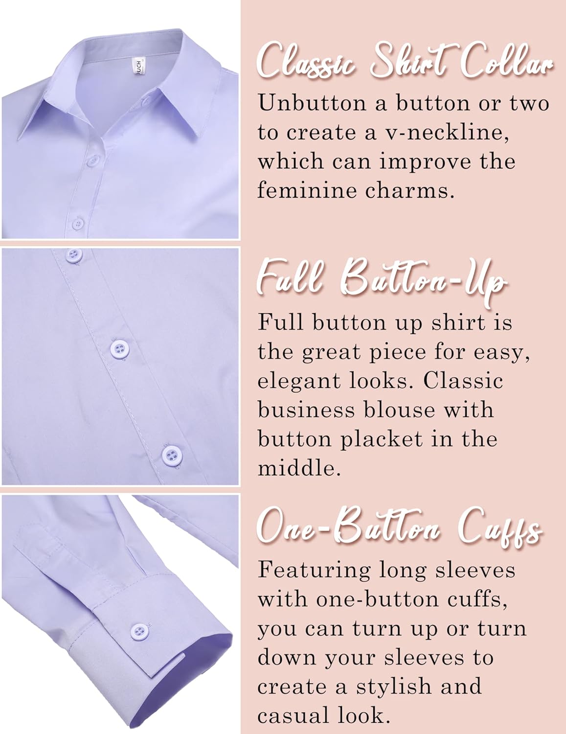 HOTOUCH Womens Stretch Basic Button Down Shirt Long Sleeve Slim Fit Dress Shirts Solid Work Office Blouses TopLavender Stretch Fabric  a Size Up for Relaxed Fit