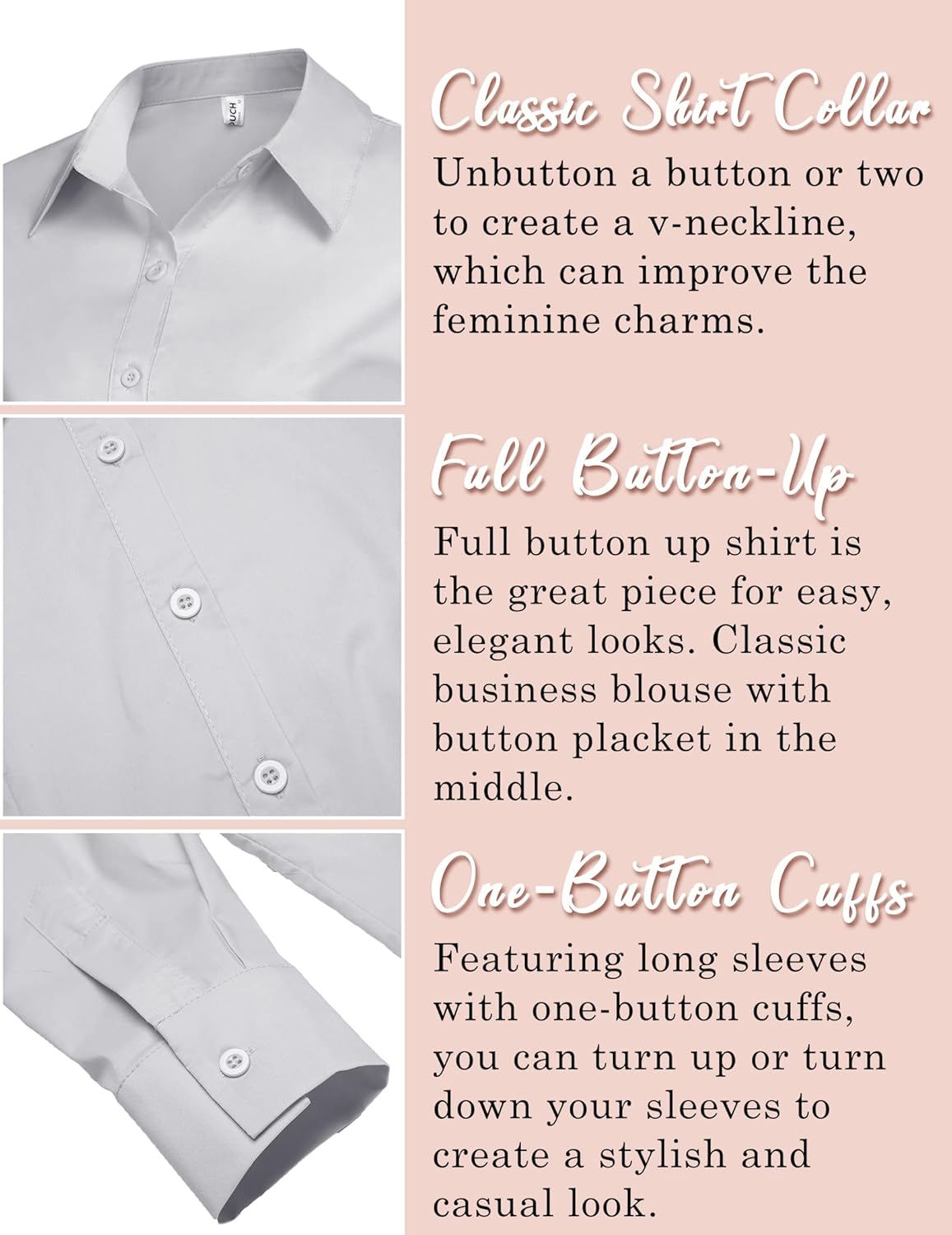 HOTOUCH Womens Stretch Basic Button Down Shirt Long Sleeve Slim Fit Dress Shirts Solid Work Office Blouses TopLight Grey Stretch Fabric  a Size Up for Relaxed Fit