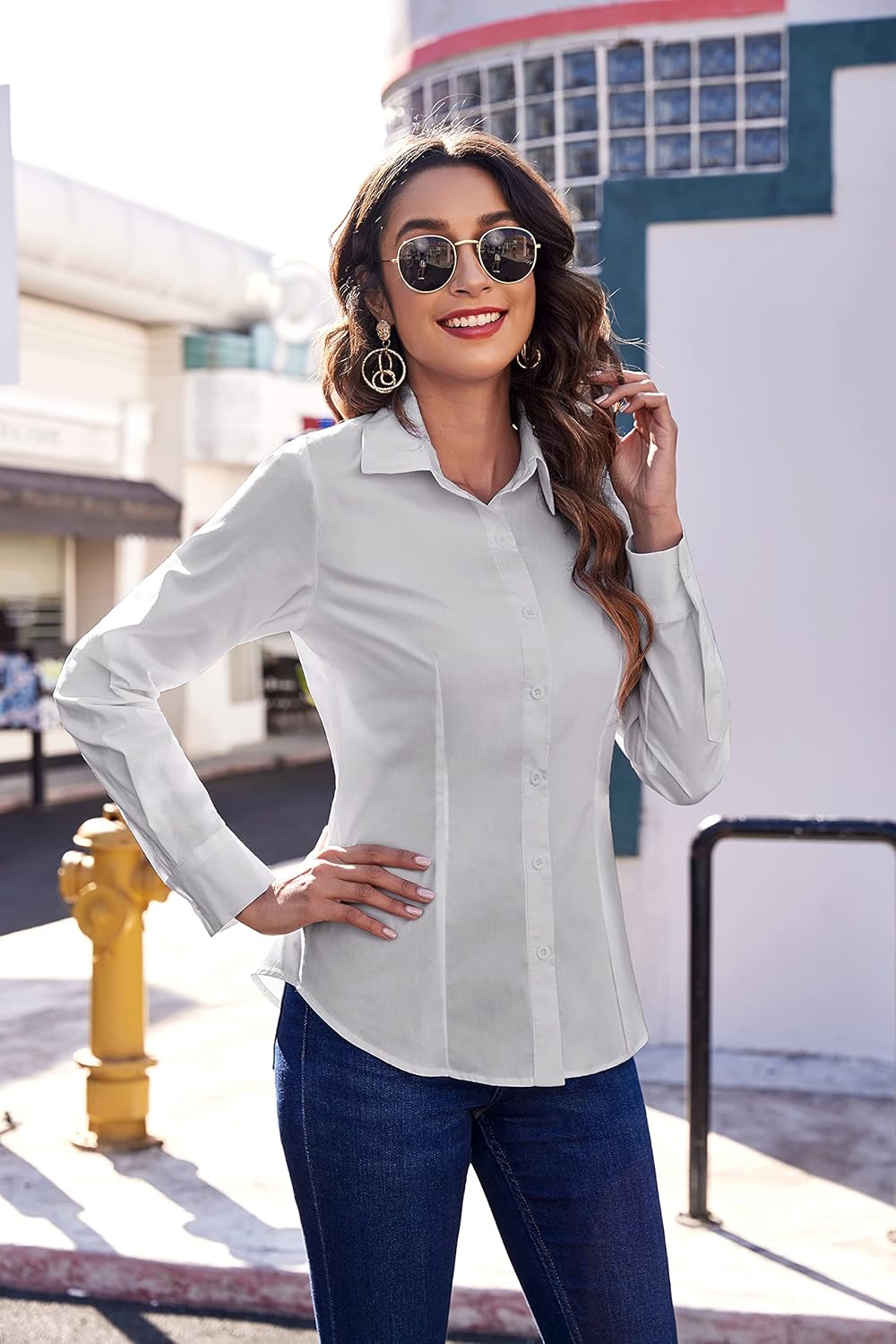 HOTOUCH Womens Stretch Basic Button Down Shirt Long Sleeve Slim Fit Dress Shirts Solid Work Office Blouses TopLight Grey Stretch Fabric  a Size Up for Relaxed Fit