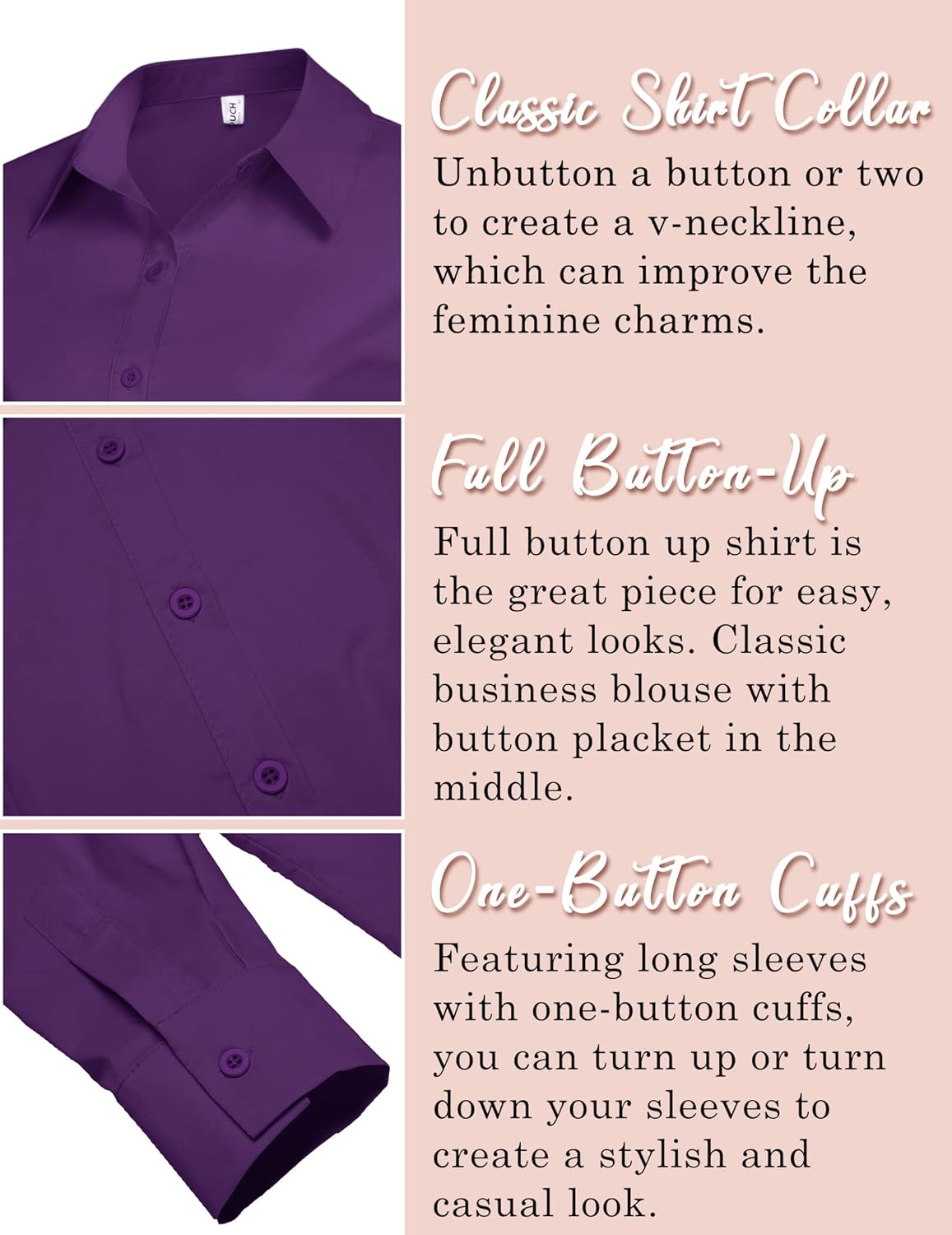 HOTOUCH Womens Stretch Basic Button Down Shirt Long Sleeve Slim Fit Dress Shirts Solid Work Office Blouses TopPurple Stretch Fabric  a Size Up for Relaxed Fit