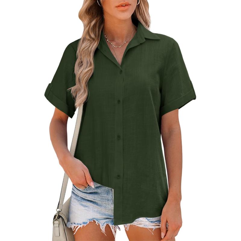 HOTOUCH Button Down Shirt Women Cotton Short Sleeve Blouses V Neck Collared Button Up Summer Beach TopsArmy Green
