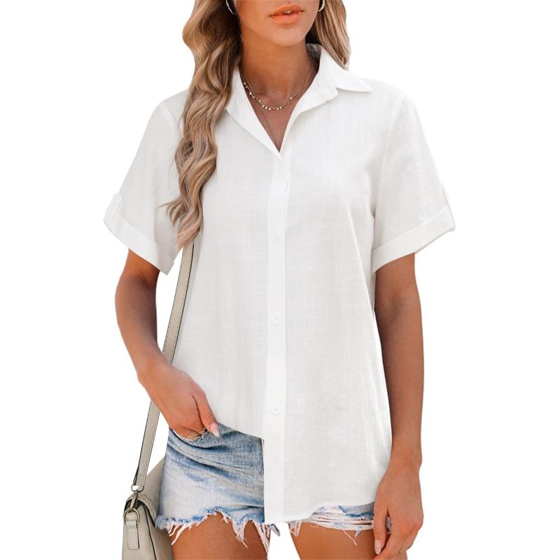 HOTOUCH Button Down Shirt Women Cotton Short Sleeve Blouses V Neck Collared Button Up Summer Beach TopsAwhite