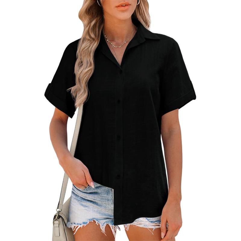 HOTOUCH Button Down Shirt Women Cotton Short Sleeve Blouses V Neck Collared Button Up Summer Beach TopsBlack