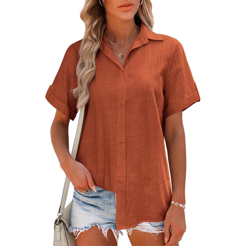 HOTOUCH Button Down Shirt Women Cotton Short Sleeve Blouses V Neck Collared Button Up Summer Beach TopsBrown
