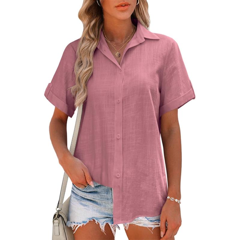 HOTOUCH Button Down Shirt Women Cotton Short Sleeve Blouses V Neck Collared Button Up Summer Beach TopsDark Pink