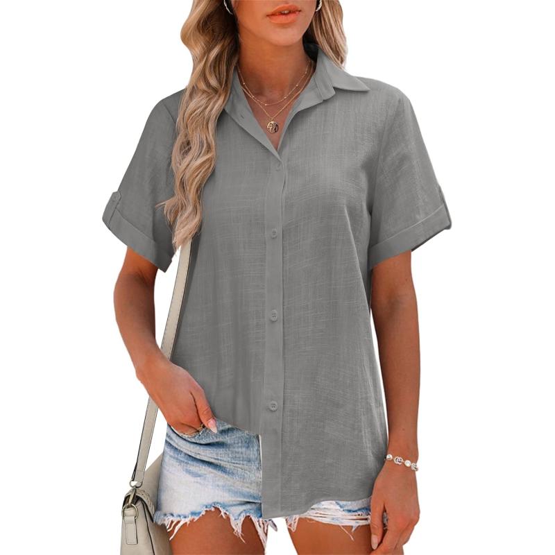 HOTOUCH Button Down Shirt Women Cotton Short Sleeve Blouses V Neck Collared Button Up Summer Beach TopsLight Grey