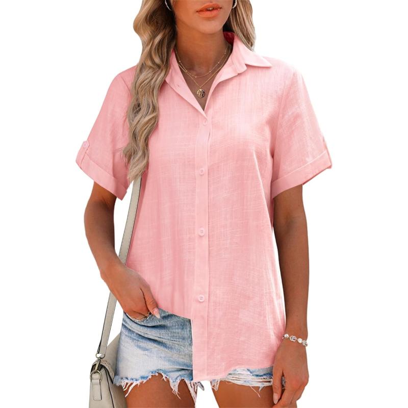 HOTOUCH Button Down Shirt Women Cotton Short Sleeve Blouses V Neck Collared Button Up Summer Beach TopsMisty Rose