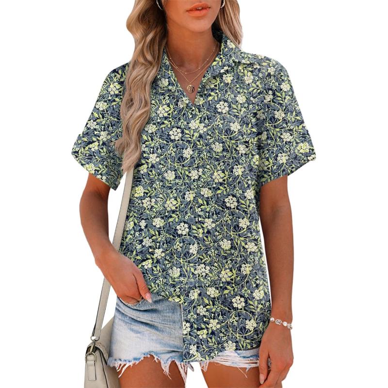 HOTOUCH Button Down Shirt Women Cotton Short Sleeve Blouses V Neck Collared Button Up Summer Beach TopsNavy Leaves