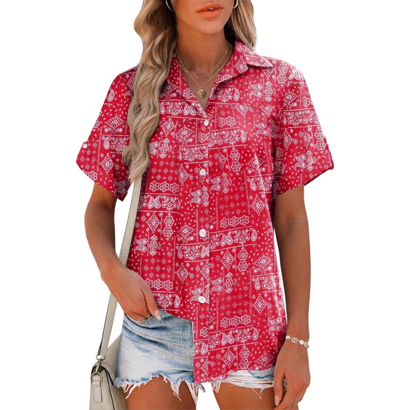 HOTOUCH Button Down Shirt Women Cotton Short Sleeve Blouses V Neck Collared Button Up Summer Beach TopsRed Boho