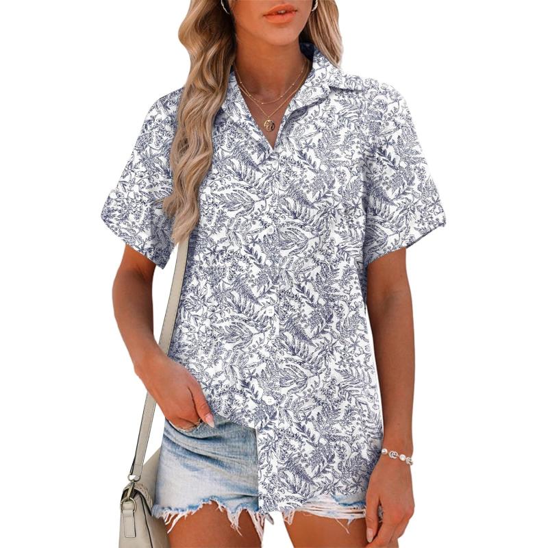 HOTOUCH Button Down Shirt Women Cotton Short Sleeve Blouses V Neck Collared Button Up Summer Beach TopsVacation Blue