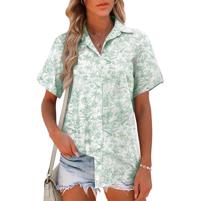 HOTOUCH Button Down Shirt Women Cotton Short Sleeve Blouses V Neck Collared Button Up Summer Beach TopsVacation Green
