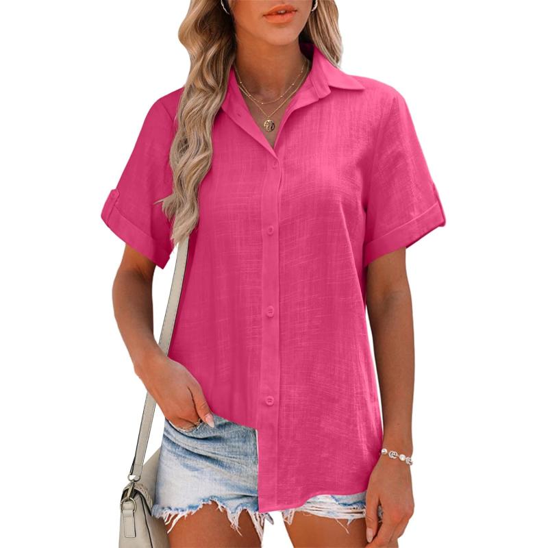 HOTOUCH Button Down Shirt Women Cotton Short Sleeve Blouses V Neck Collared Button Up Summer Beach TopsWatermelon Pink