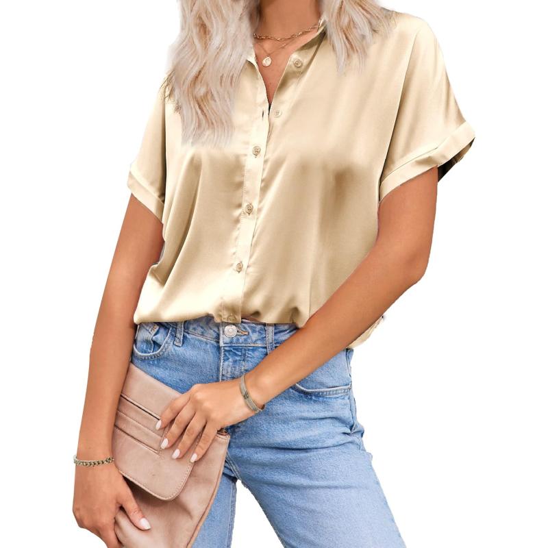 HOTOUCH Silk Button Down Shirts for Women Satin Short Sleeve V Neck Casual Work Office Blouse Tunic TopsKhaki