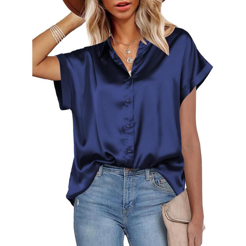 HOTOUCH Silk Button Down Shirts for Women Satin Short Sleeve V Neck Casual Work Office Blouse Tunic TopsNavy Blue